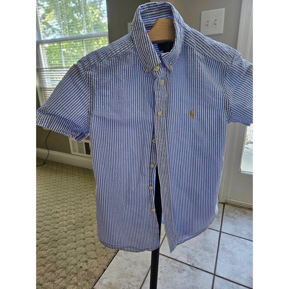 Polo Ralph Lauren Boys Blue White Seersucker Short Sleeve Shirt M 10-12